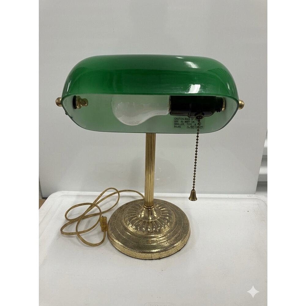 Vintage Brass Bankers Mid Century Modern Desk Lamp Green Glass Shade 98’ Works